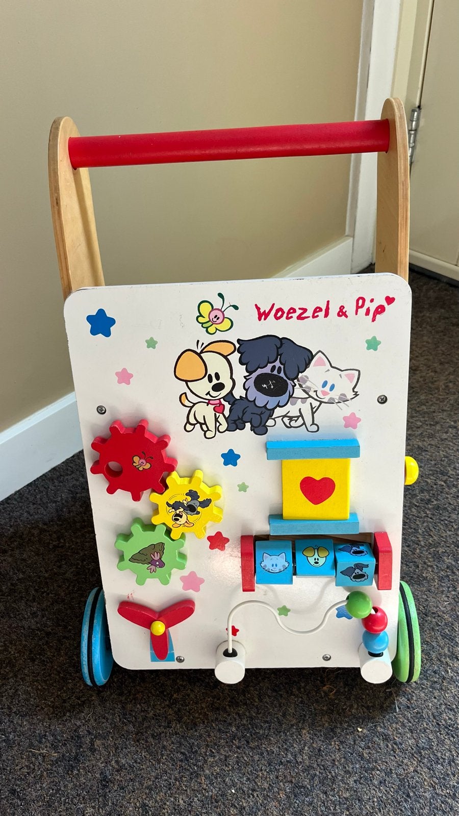 Woezel & Pip Houten Loopwagen met Blokken en Activiteiten, Ophalen, Gebruikt, Overige typen, Met wieltjes