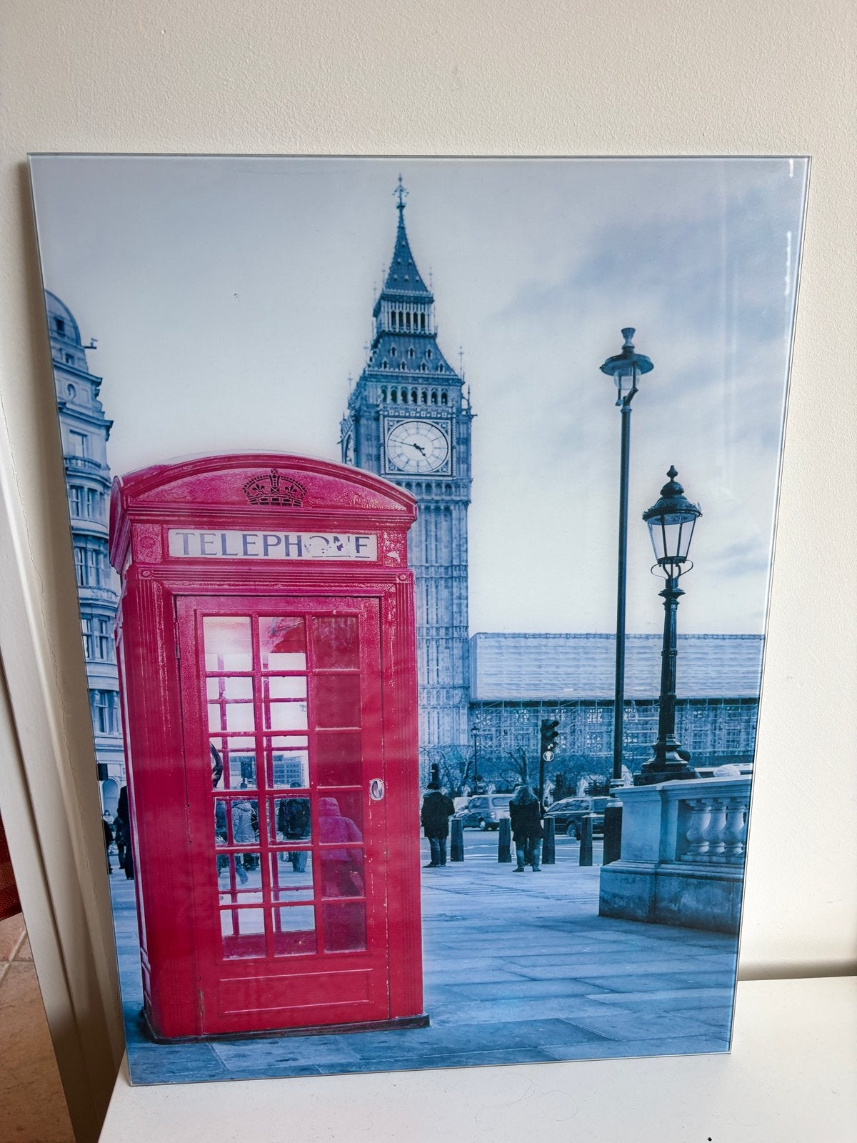 Glazen wanddecoratie Big Ben & telefooncel Londen 50x70cm, Huis en Inrichting, Ophalen, 50 – 75, Gebruikt, Print