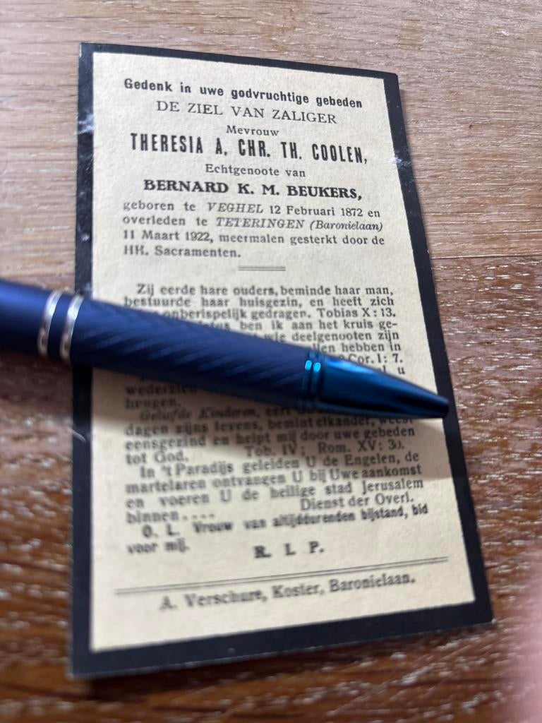 Coolen Theresia 1872 Veghel 1922 Teteringen x Beukers, Verzamelen, Bidprentjes en Rouwkaarten, Ophalen of Verzenden, Bidprentje