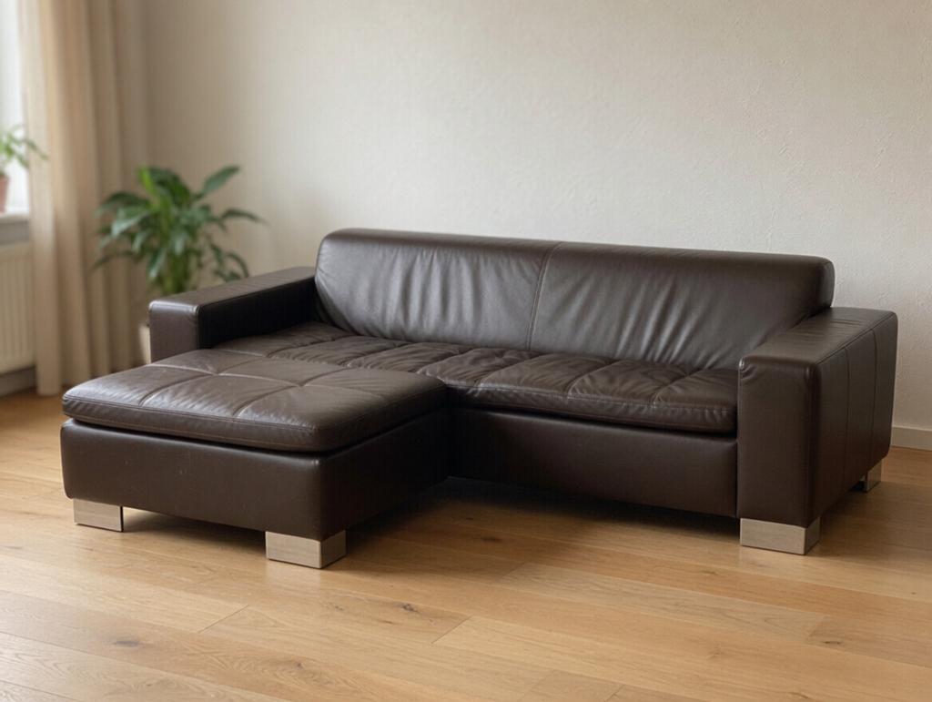 Lederen Loungebank met losse hocker 2.15 m. ALS NIEUW!, Ophalen, Leer, Zo goed als nieuw, Rechte bank