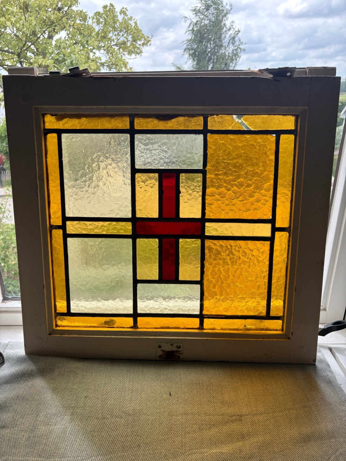 Glas in lood raam - Geel/Rood, Doe-het-zelf en Verbouw, Ophalen, Gevelraam of Ruit, Gebruikt, Minder dan 80 cm