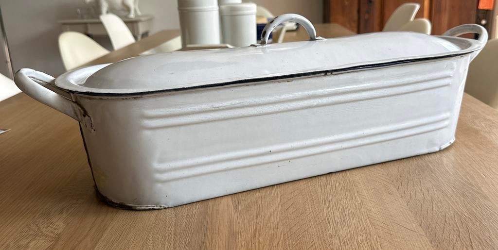 Brocante emaille Vispan met Deksel, Ophalen of Verzenden