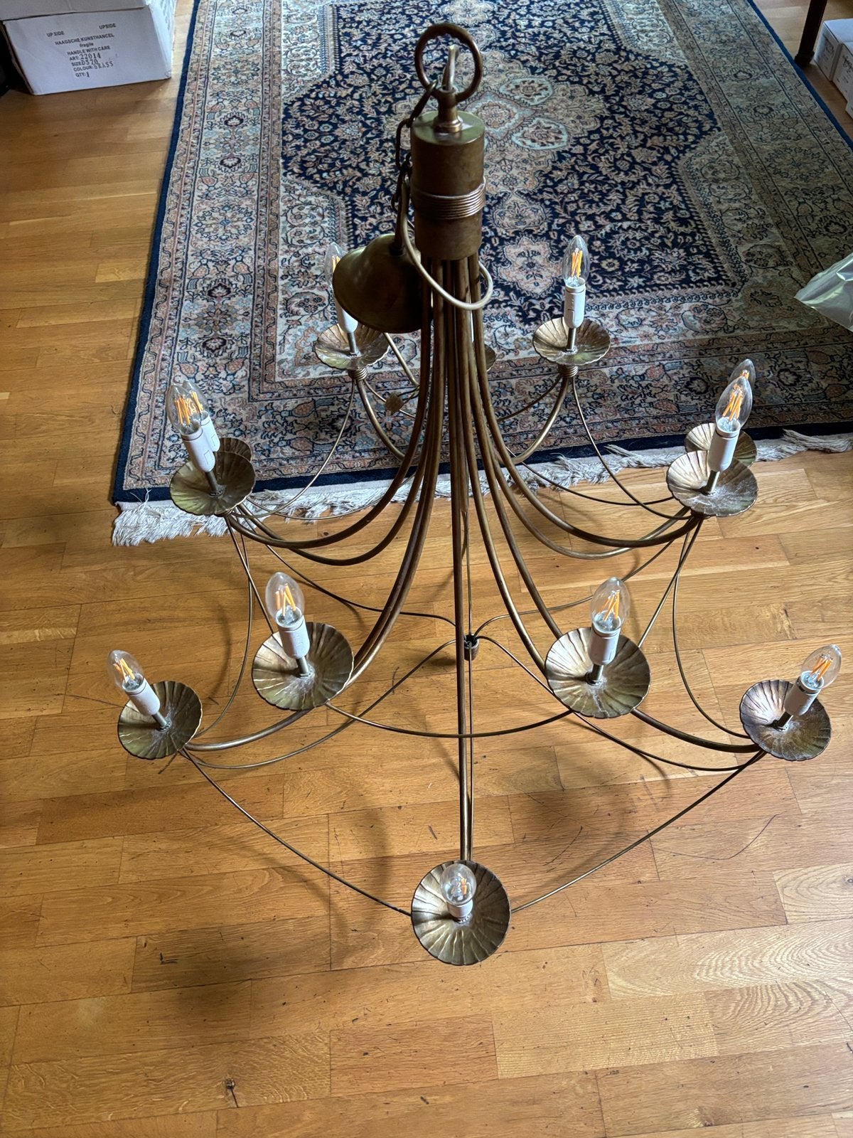 Vintage Gouden Kroonluchter met 12 Lichtpunten, Ophalen, Gebruikt, Metaal