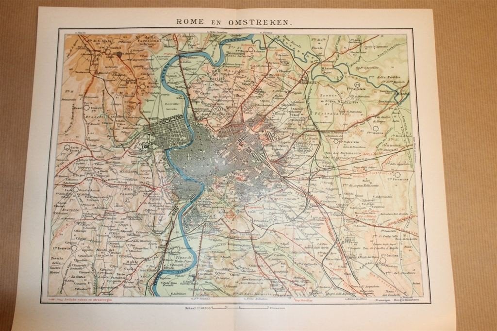 Antieke kaart - Rome en omstreken - circa 1900, Ophalen of Verzenden, 1800 tot 2000, Nederland, Landkaart