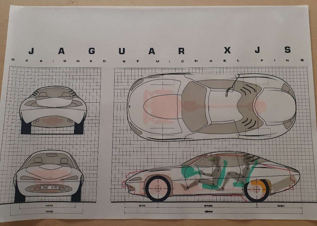 Jaguar XJS Design Schets Michael Fink Poster, Verzamelen, Posters, Verzenden, Deurposter of groter, Rechthoekig Liggend, Zo goed als nieuw