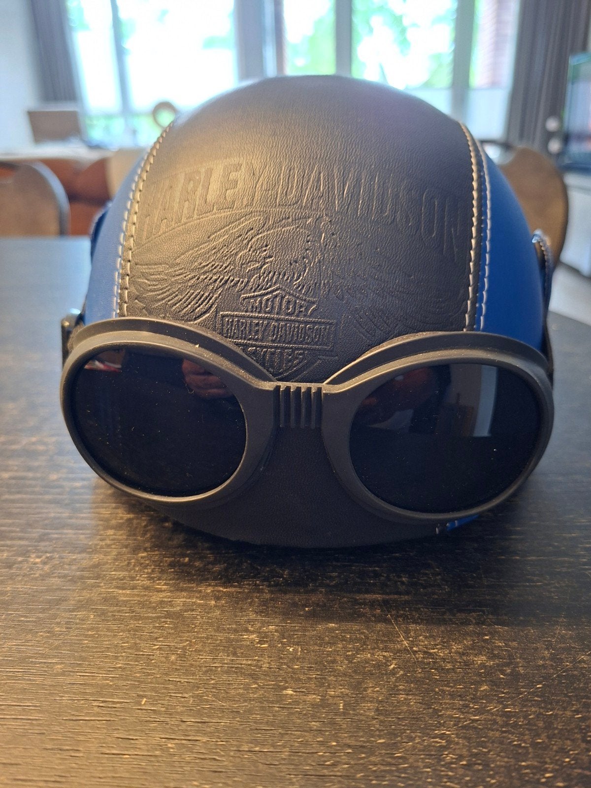 Stoere Fatbike Helm met Harley Davidson Logo en Bril, Motoren, Kleding | Motorhelmen, Overige merken, Heren, Jethelm, Ophalen of Verzenden