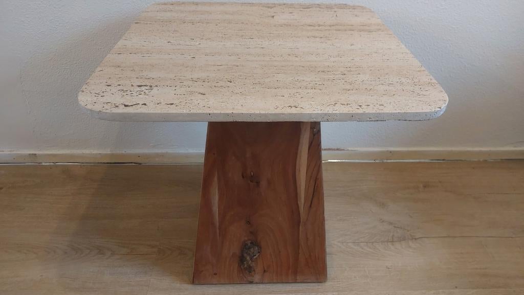 PTMD Bronson Cream Travertine Bijzettafel met Houten Voet, Overige materialen, Modern, Natuurlijk, Luxe, 55 tot 75 cm, Zo goed als nieuw