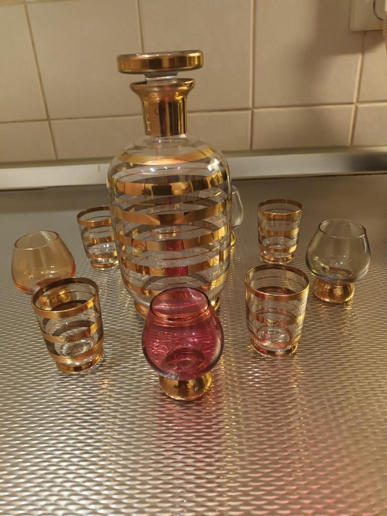 Boheemse Art Deco Likeur Karaf Set met Glazen (1920-1940), Antiek en Kunst, Antiek | Glas en Kristal, Ophalen of Verzenden