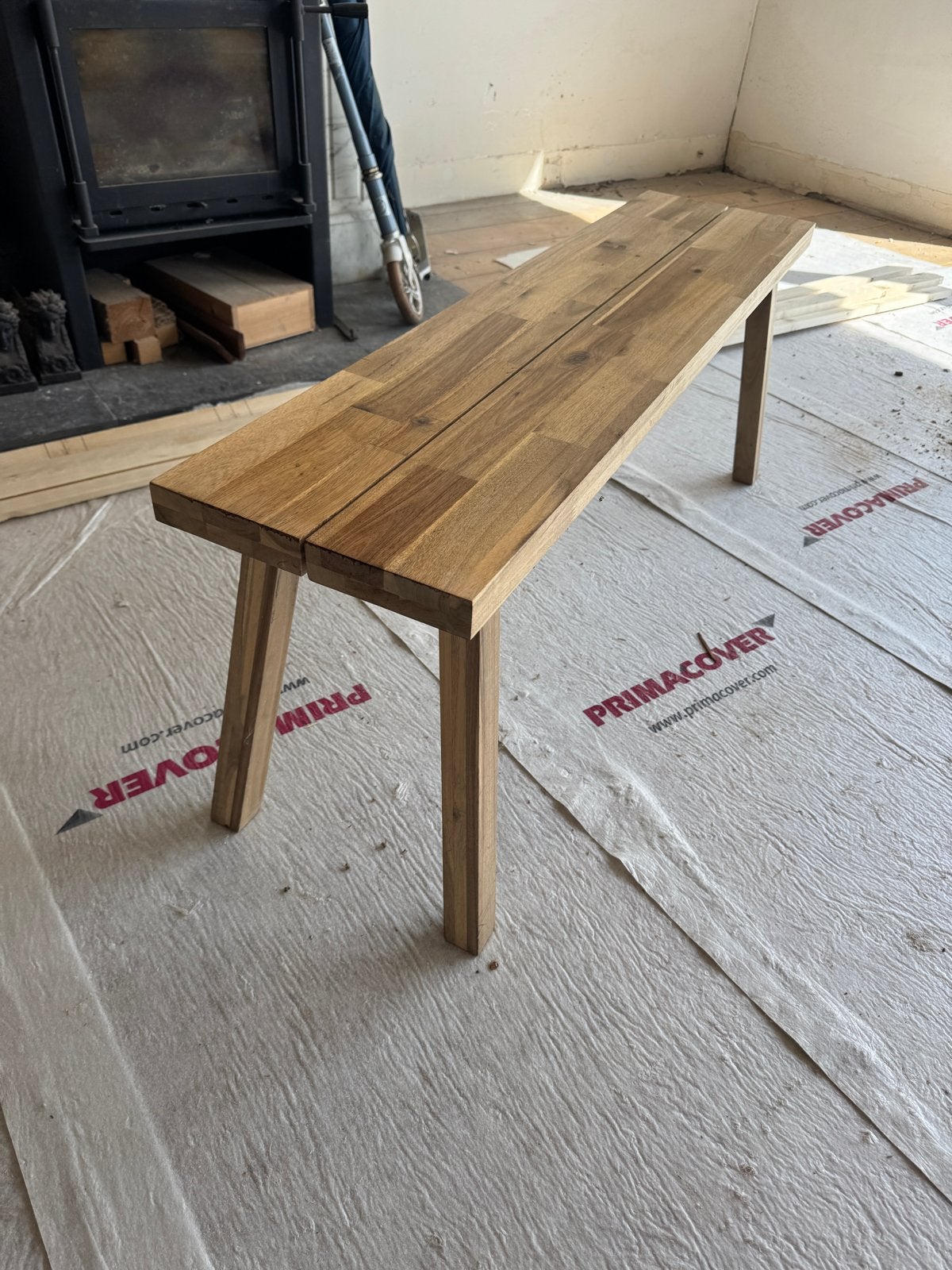 Ikea Skogsta bankje acacia hout massief 120x30x45, Huis en Inrichting, Stoelen, Ophalen, Gebruikt, Bruin, Eén