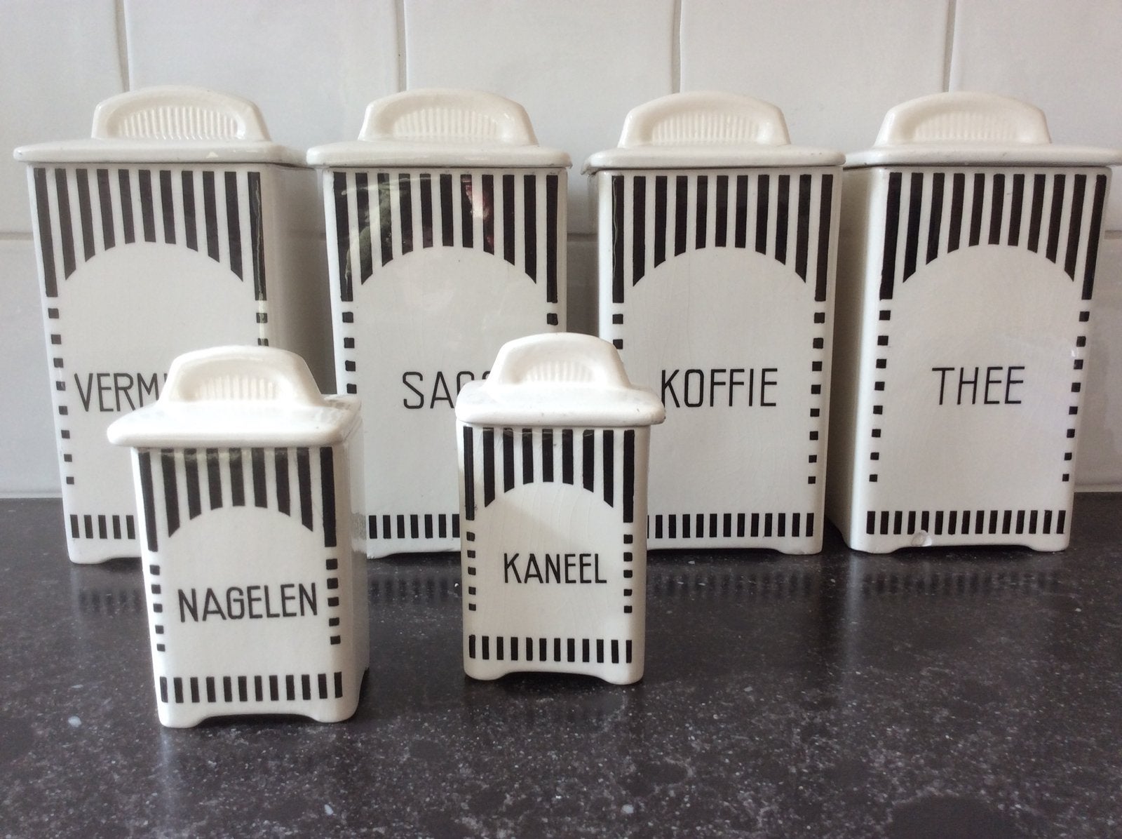 Zwart/witte set Art Deco voorraadpotten keuken, Antiek en Kunst, Antiek | Keukenbenodigdheden, Ophalen