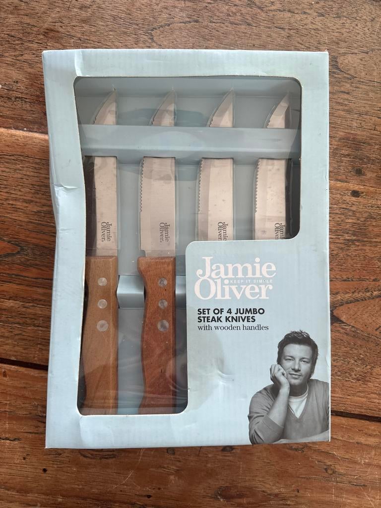 Jamie Oliver Jumbo Steakmessen Set (4 stuks), Ophalen of Verzenden, Nieuw, Hout, Los bestek