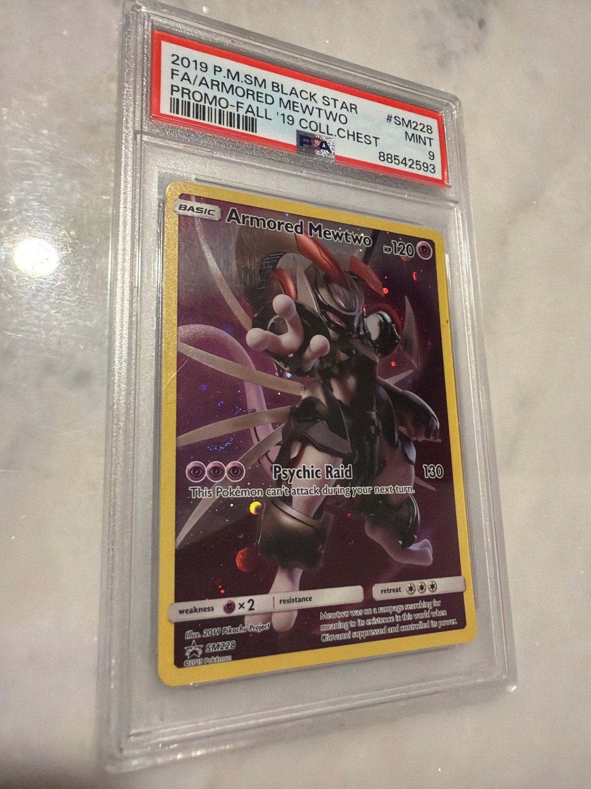 Pokémon Armored Mewtwo SM228 PSA 9 MINT Promokaart, Ophalen, Zo goed als nieuw, Losse kaart