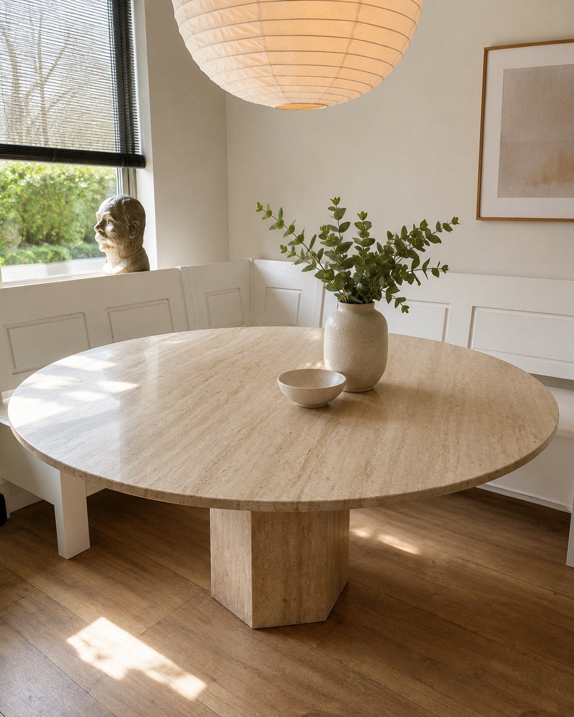 Ronde travertin eettafel Ø140 cm natuursteen design japandi, Huis en Inrichting, Tafels | Eettafels, Ophalen, Zo goed als nieuw