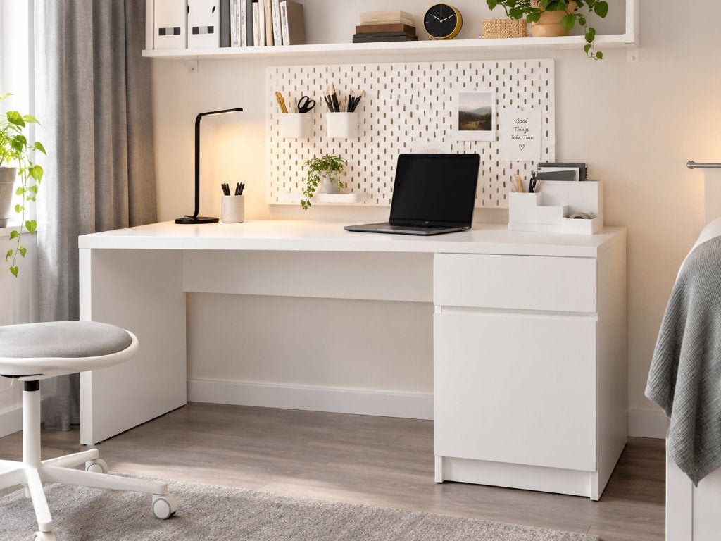 Wit Malm bureau met lades en opbergruimte, Huis en Inrichting, Ophalen, Gebruikt, 65 cm, Schoolbureau