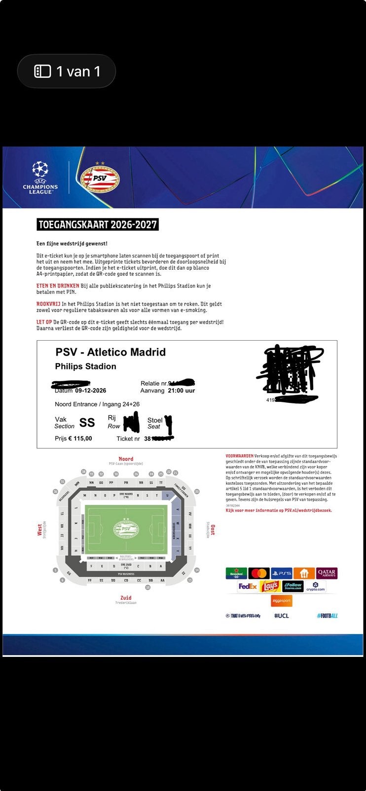 Champions League ticket PSV – Atlético Madrid | Eindhoven, Tickets en Kaartjes, Eén persoon, December