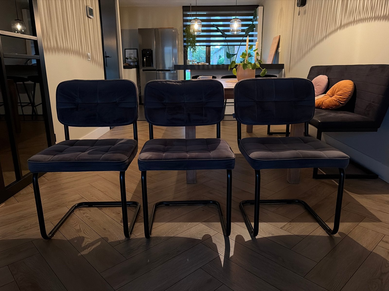 3 fluwelen eetkamerstoelen Kick Collection Ivy d. grijs, Ophalen, Drie, Zo goed als nieuw, Metaal