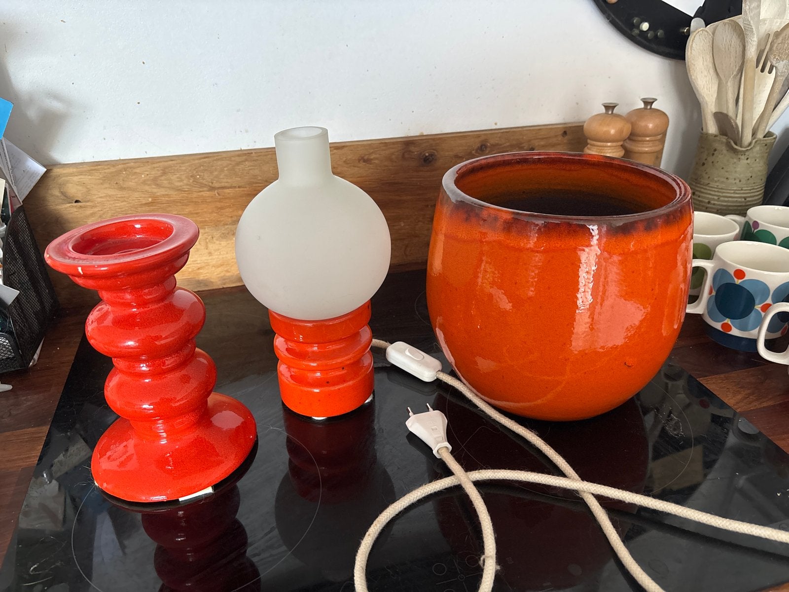 Retro Lamp, Kaarsenstandaard en bloempot Oranje Keramiek, Ophalen, Overige merken, Gebruikt, Oranje