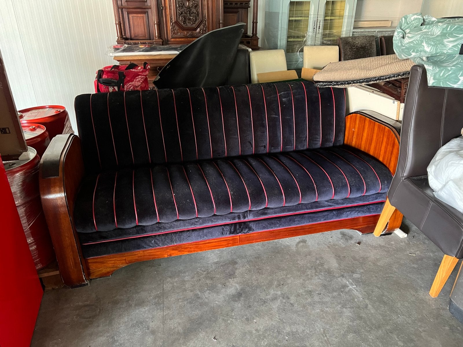 Art Deco Bank en Fauteuils Set - Zwart met Rood, Ophalen