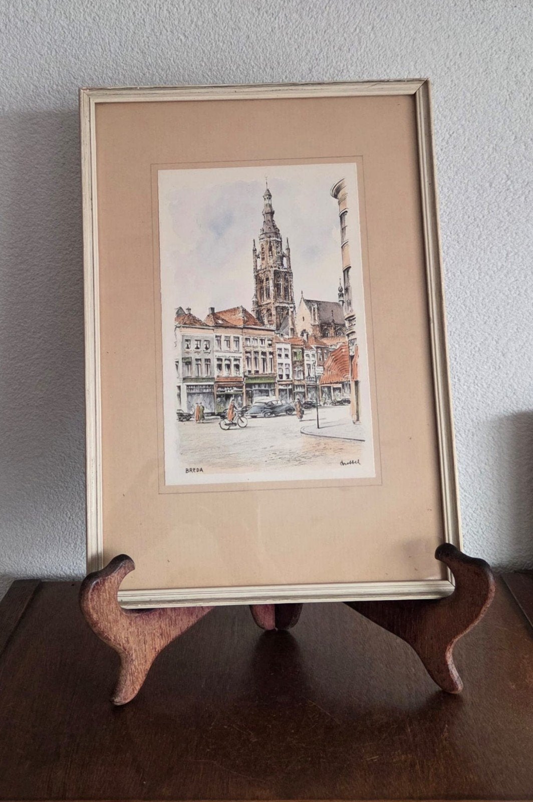 Handgekleurde Ets Breda – G.D. Robbel (incl. historie), Handgekleurd, Stadsgezicht, Ophalen of Verzenden, 1950 - 1999