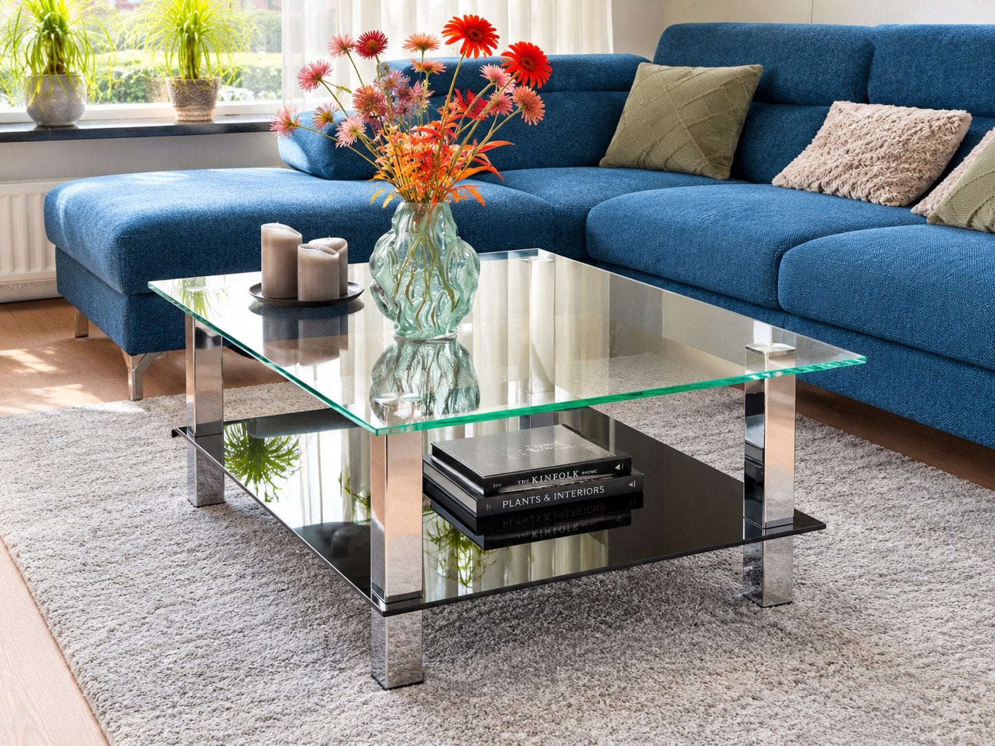 Glazen salontafel met RVS poten, Huis en Inrichting, Ophalen, L:100cm B; 65cm H 40 cm, Gebruikt, 100 tot 150 cm