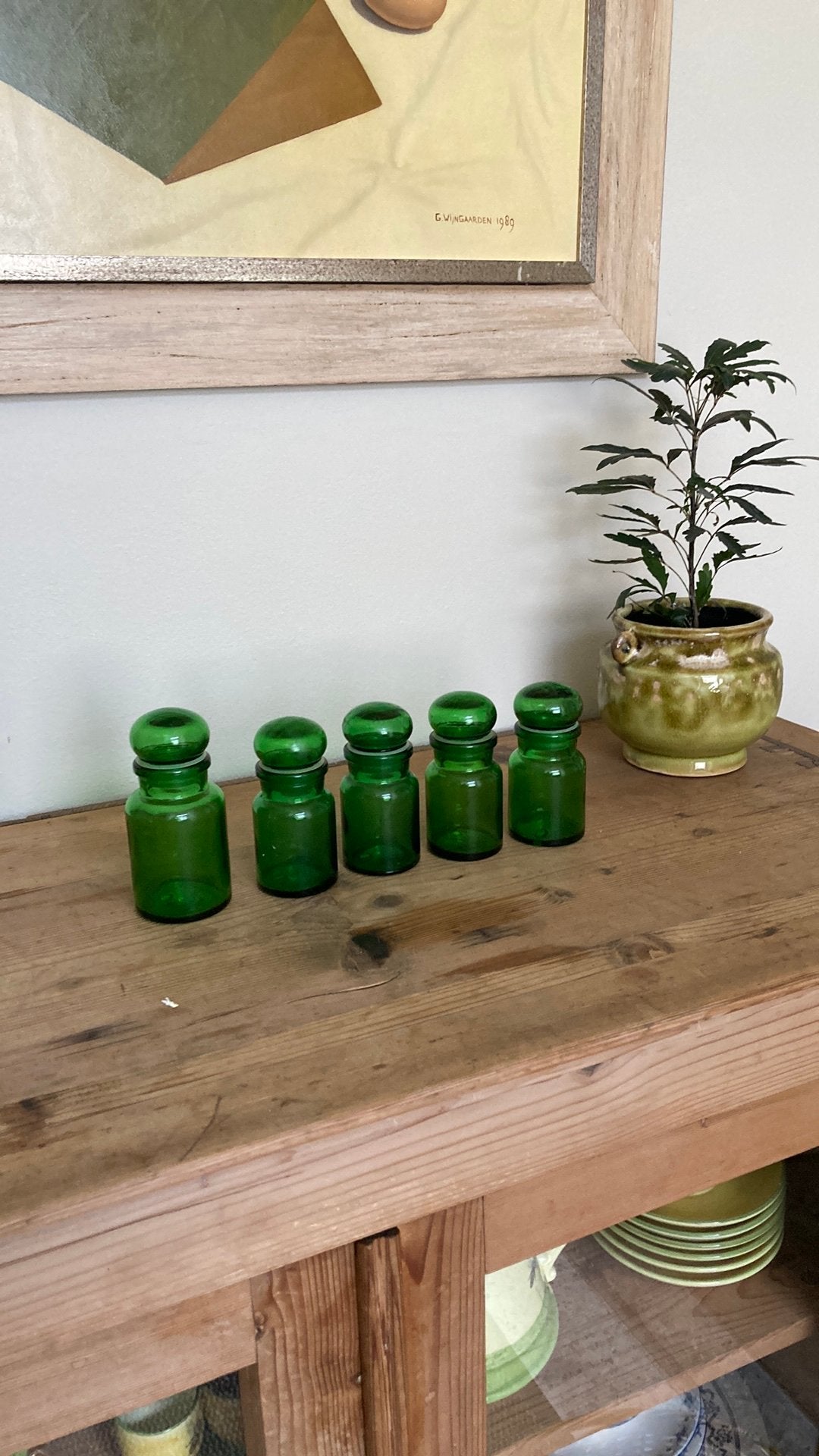 Vintage kruiden potjes groen glas, Nieuw, Ophalen of Verzenden, Voorraadpot, Overige merken