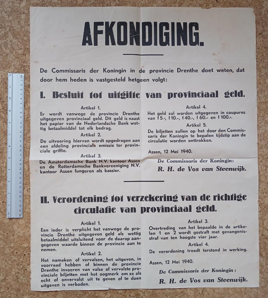affiche afkondiging provinciaal geld Drenthe Assen mei 1940, Verzenden, Overige soorten, X, Foto of Poster