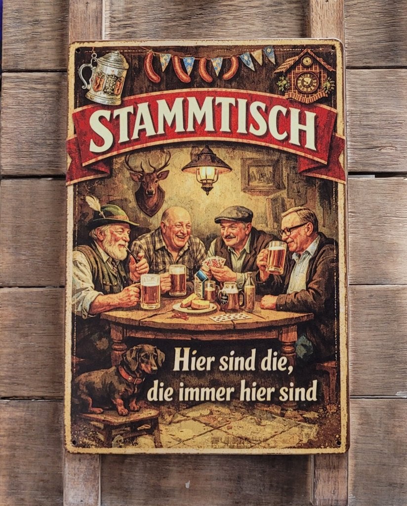 Stammtisch hier sind die reclamebord van metaal wandbord, Info@deconoord.nl, Deco Noord, Nieuw, Ophalen of Verzenden