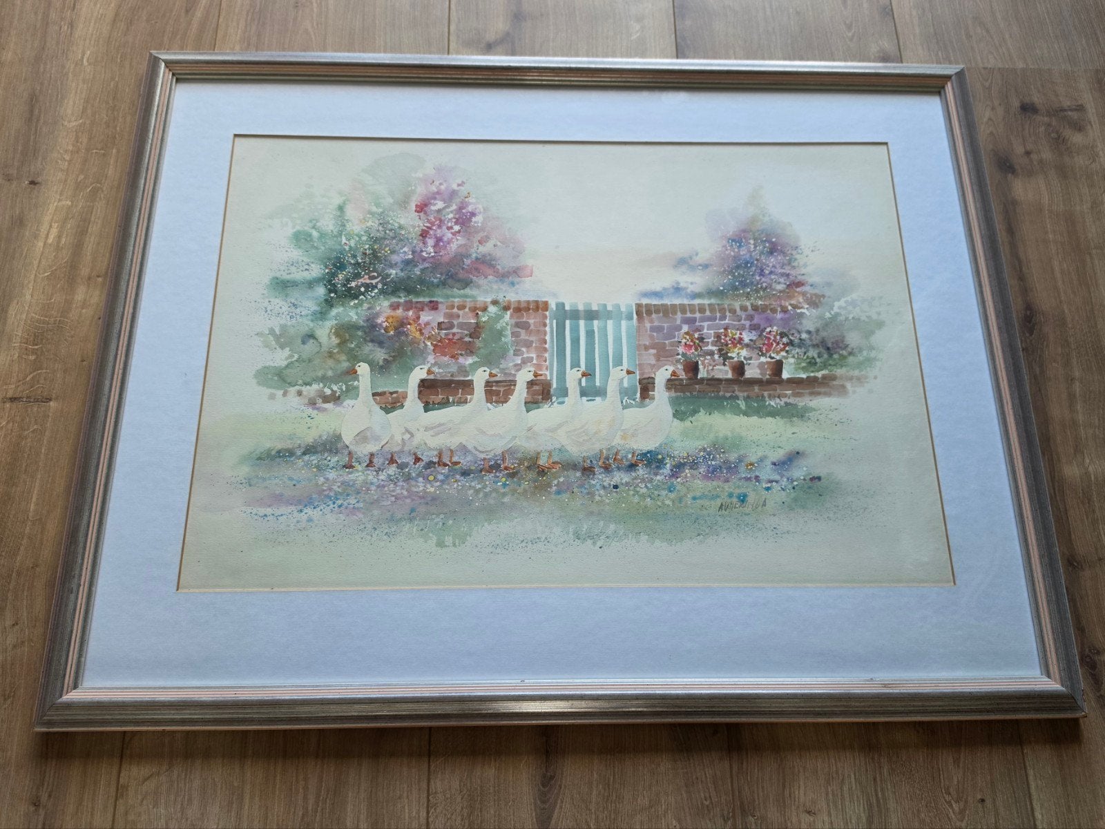 Aquarel van ganzen in een tuin, gesigneerd, Ophalen of Verzenden