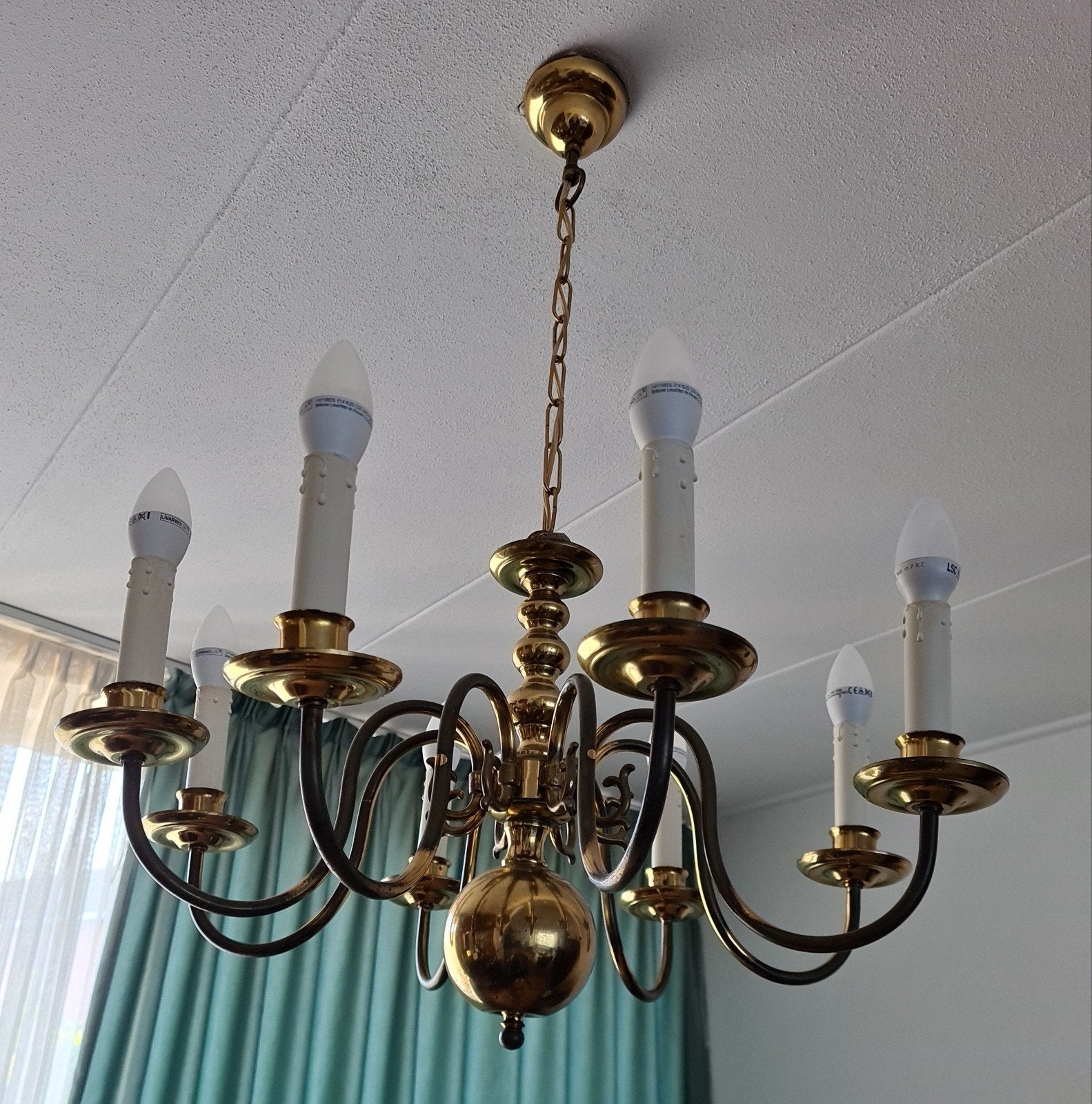 Klassieke Vlaamse kroonluchter – 6-armig glanzend messing (v, Huis en Inrichting, Lampen | Kroonluchters, Ophalen, Gebruikt, E14 (klein)
