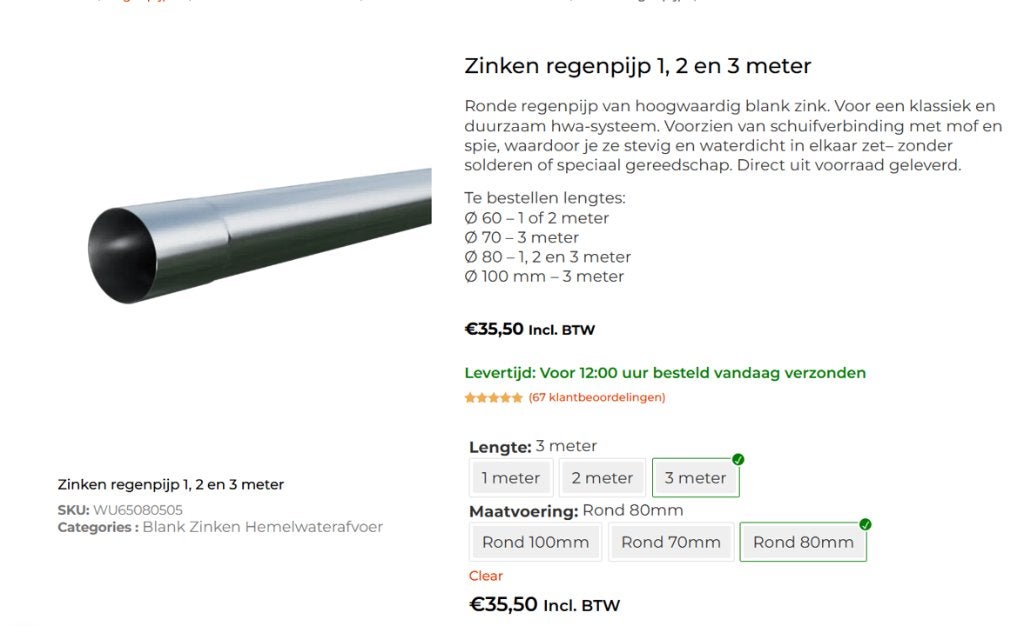 Regenpijp Zink 3 meter 80mm, Doe-het-zelf en Verbouw, Ophalen, 2 tot 4 meter, Nieuw, Zink