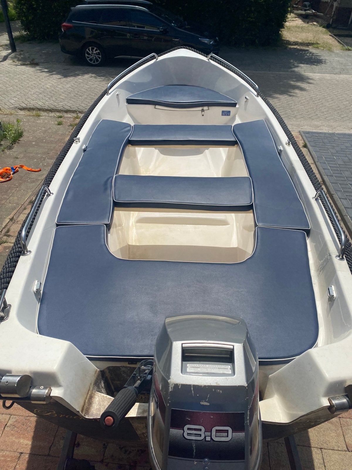 Sloep 430, Mariner 8 pk of Yamaha 4 pk, Ophalen of Verzenden, Zo goed als nieuw, Kussenset