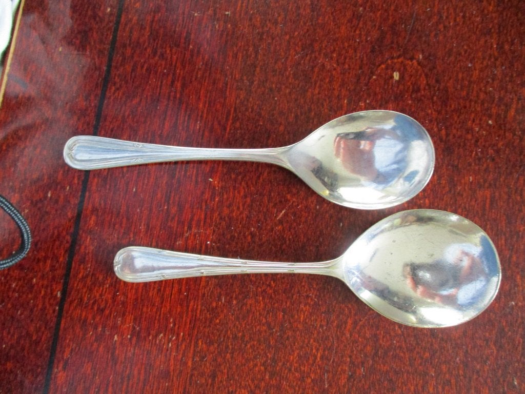 Twee verzilverde dessertlepeltjes, Overige materialen, Gebruikt, Ophalen of Verzenden, Overige merken