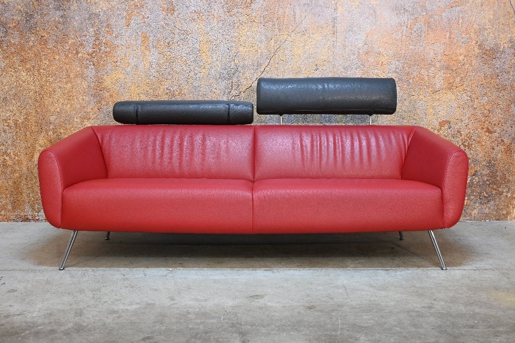 ZGANieuw Leolux Marabeau designbank in rood en grijs leer, Leolux, Leolux, Driepersoons, 75 tot 100 cm