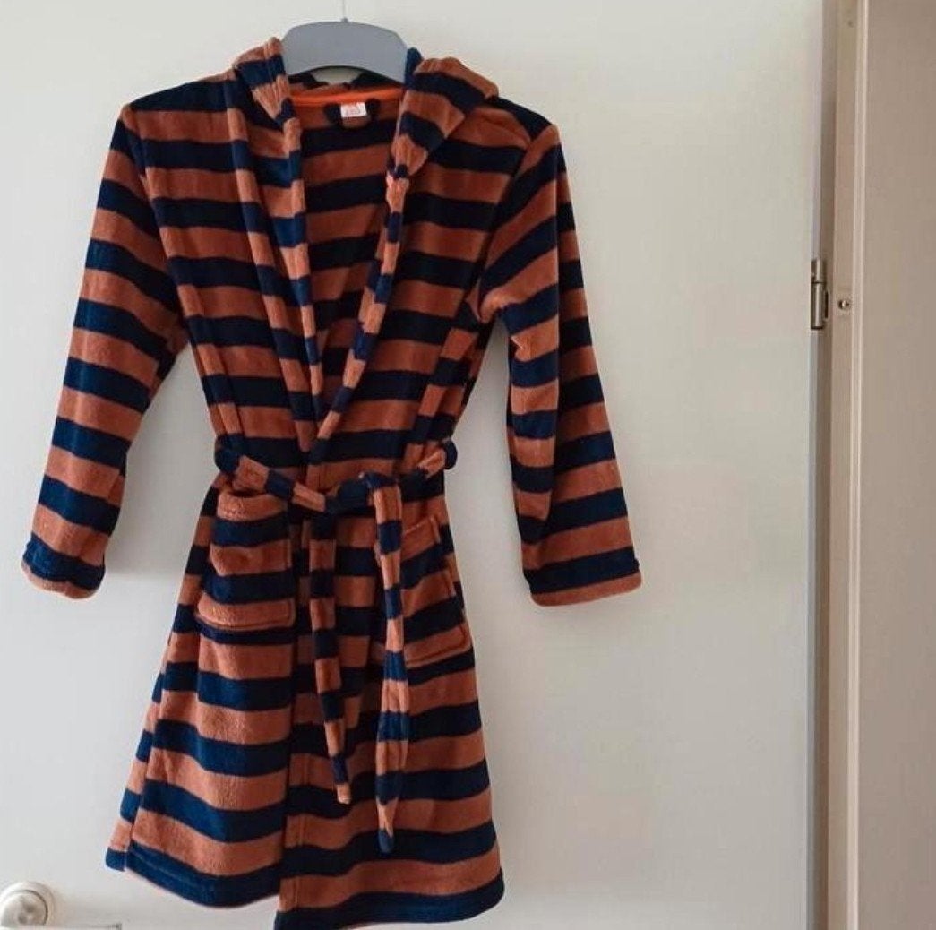 Hema badjas met capuchon bruin/blauw gestreept maat 146-152, Nacht- of Onderkleding, Gebruikt, Jongen of Meisje, Ophalen of Verzenden