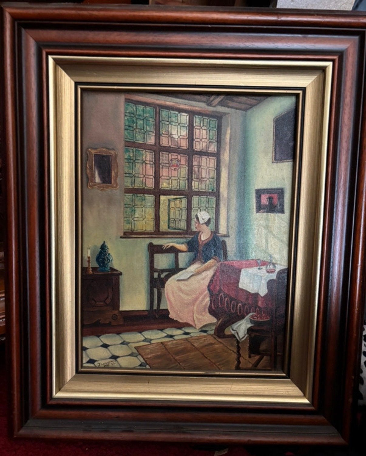 Klassiek schilderij: Vrouw bij raam, olieverf op paneel, Paneel, Portret of Personen, Ophalen of Verzenden, Gesigneerd