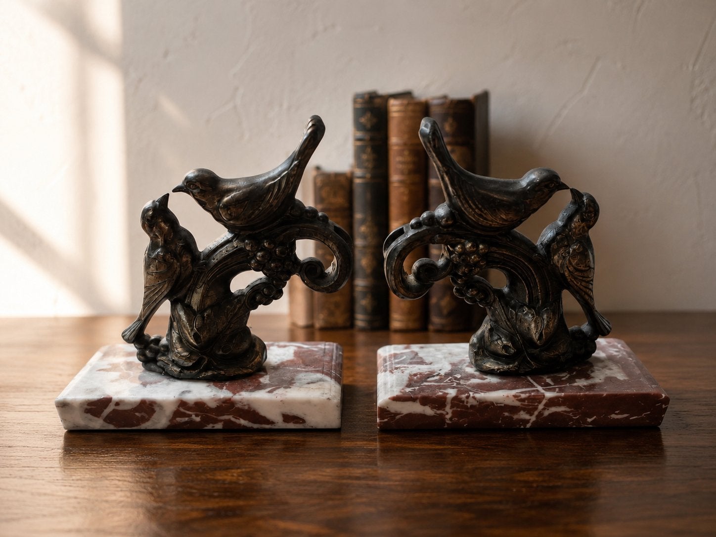 Antieke boekensteunen met vogels op marmeren voet, Ophalen of Verzenden