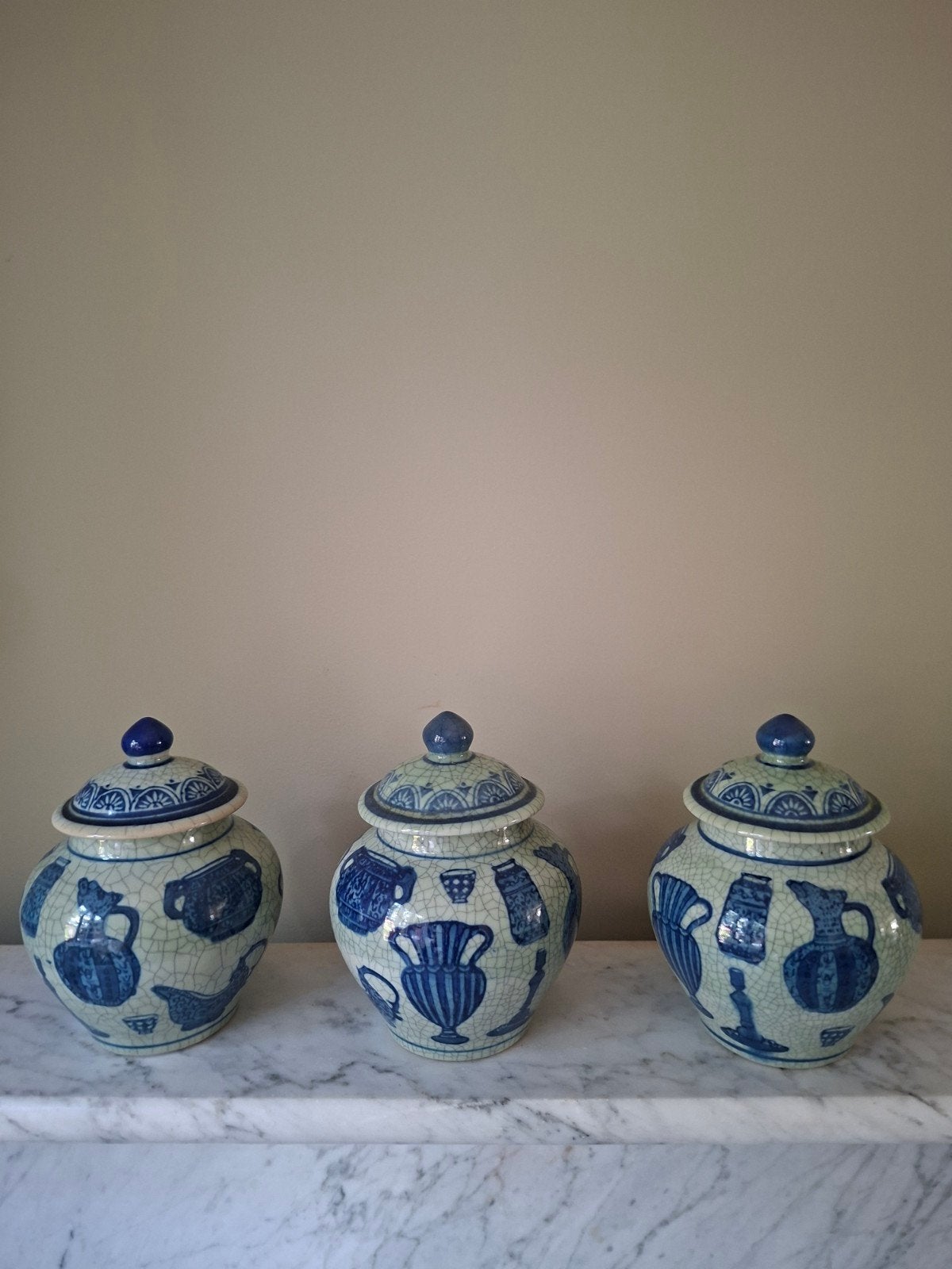 3 Blauw- Grijze Gemberpotten met Craquelé en Qianlong M, Ophalen of Verzenden