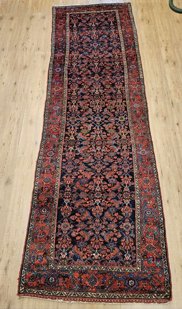 Vintage handgeknoopt perzisch tapijt loper malayer 308x97, Info@SlatsAntiek.nl, Tweedehands, Perzisch, 200 cm of meer