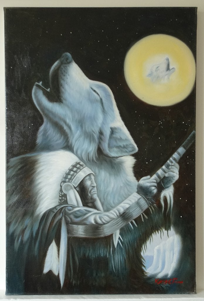 Modern Schilderij van Indiaan en Wolf, Acrylverf op Doek, Ophalen
