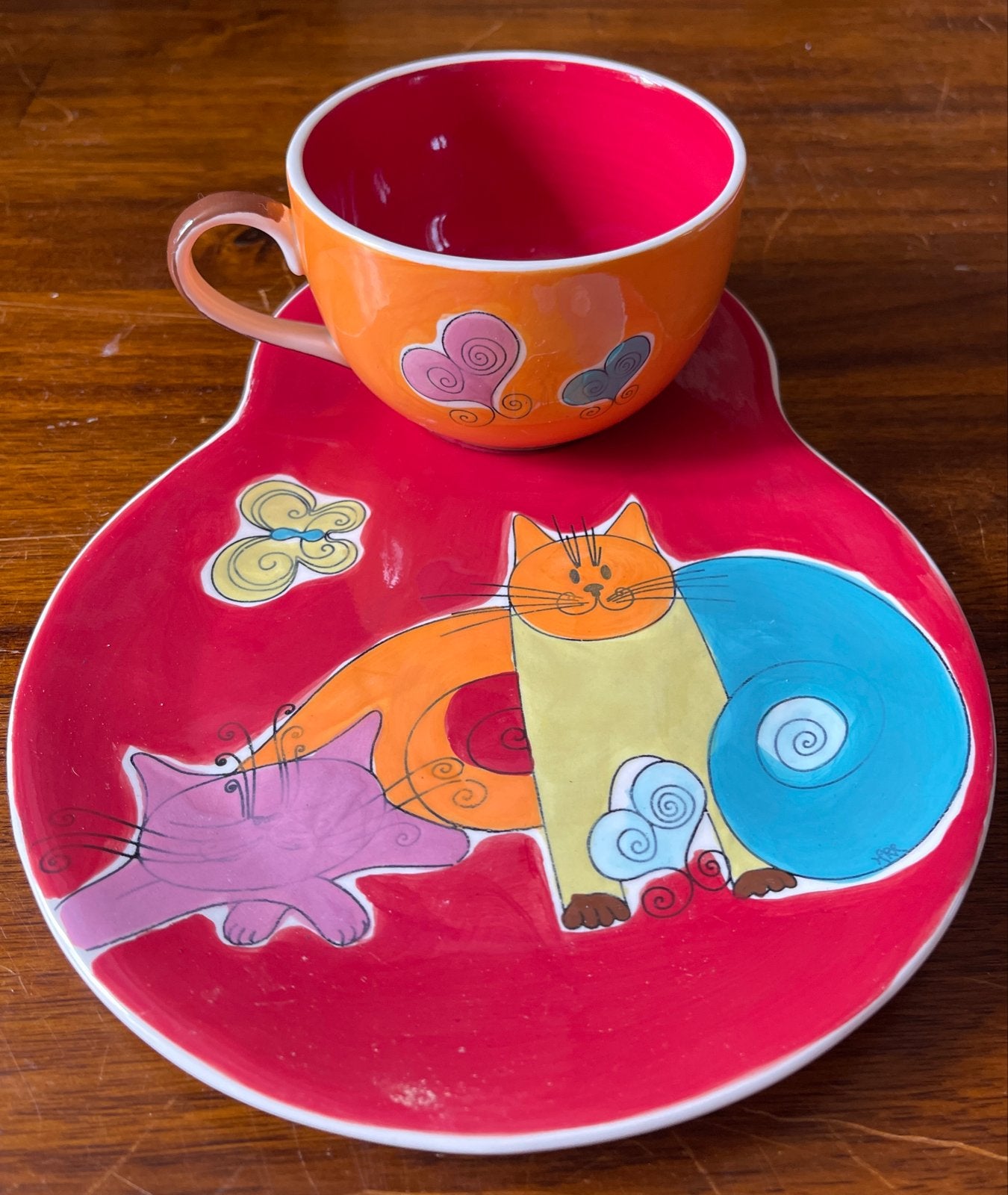 Kleurrijke Servies Set met Katten - Kop en Schotel, Ophalen, Keramiek, Zo goed als nieuw, Modern