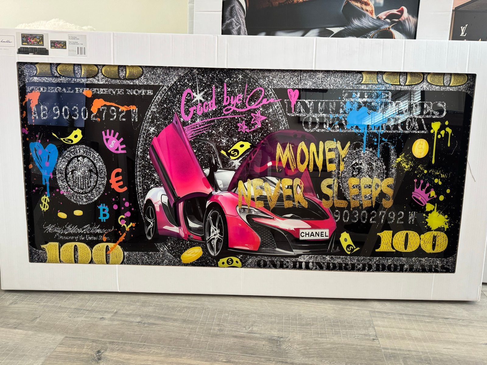 Glas Schilderij: McLaren, Geld en Graffiti Kunst, Ophalen, Acrylverf, Overig onderwerp, Gesigneerd