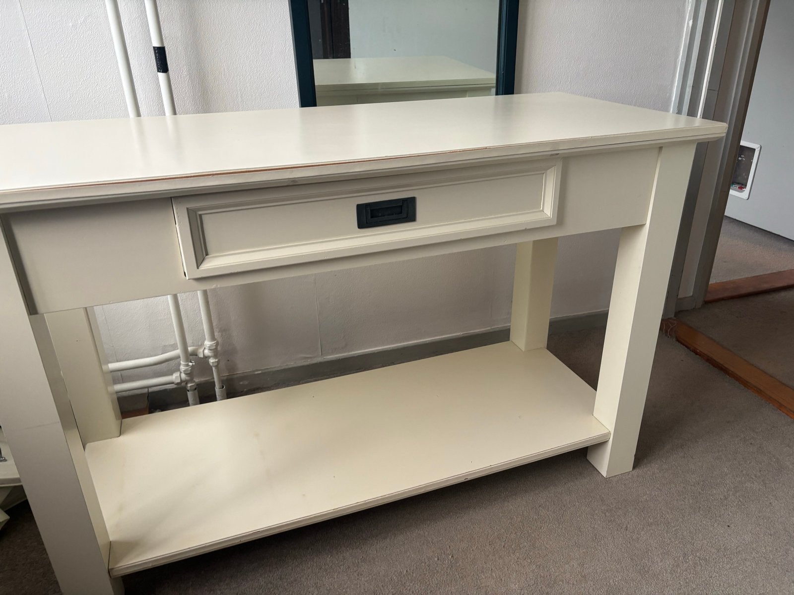 Crèmekleurige Console Tafel met Lade en Plank, Ophalen, Gebruikt, 100 tot 150 cm, Overige houtsoorten