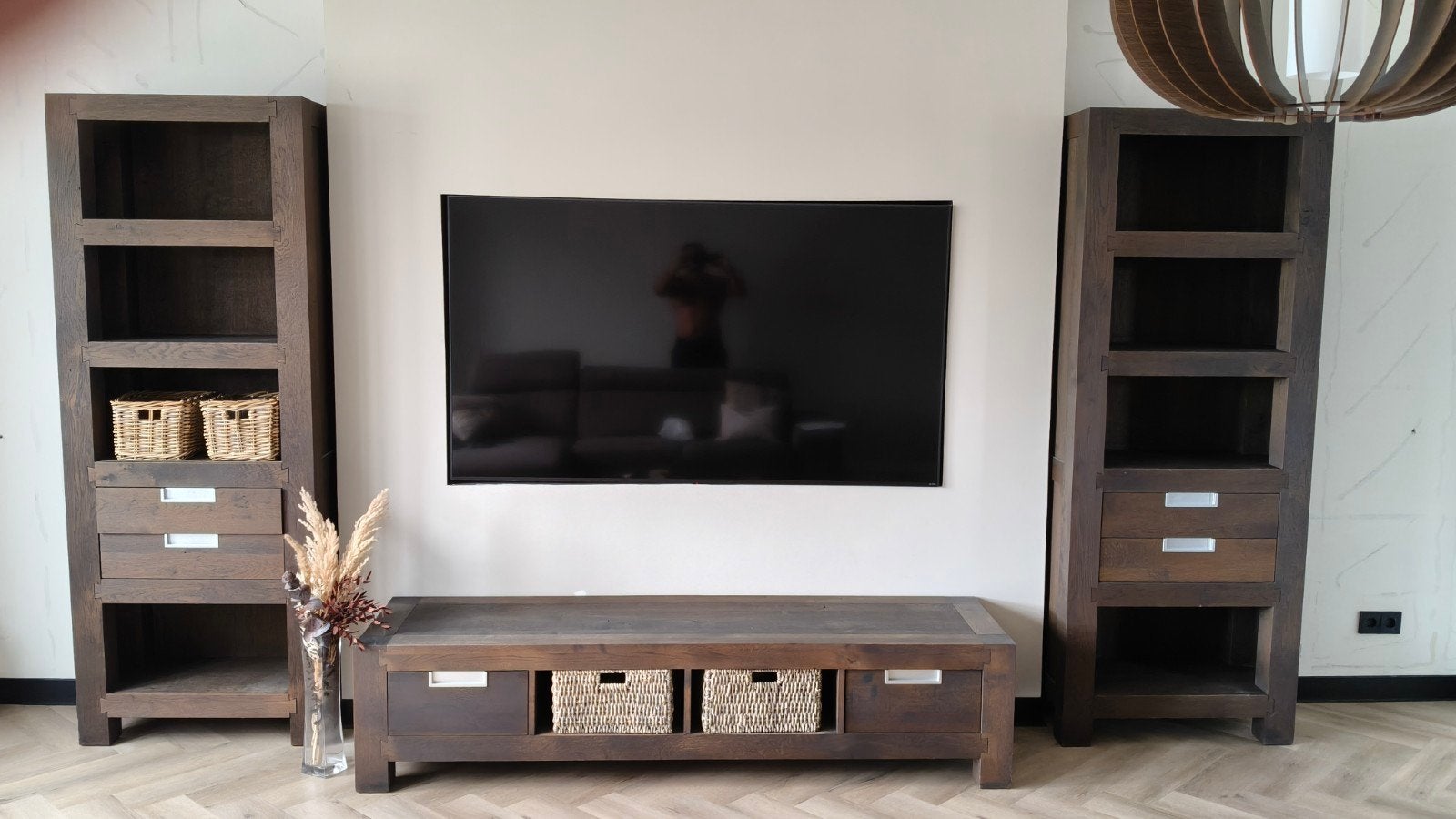 Complete Woonkamer Set: TV-meubel en 2 Boekenkasten, 150 tot 200 cm, Eikenhout, Ophalen of Verzenden, Zo goed als nieuw