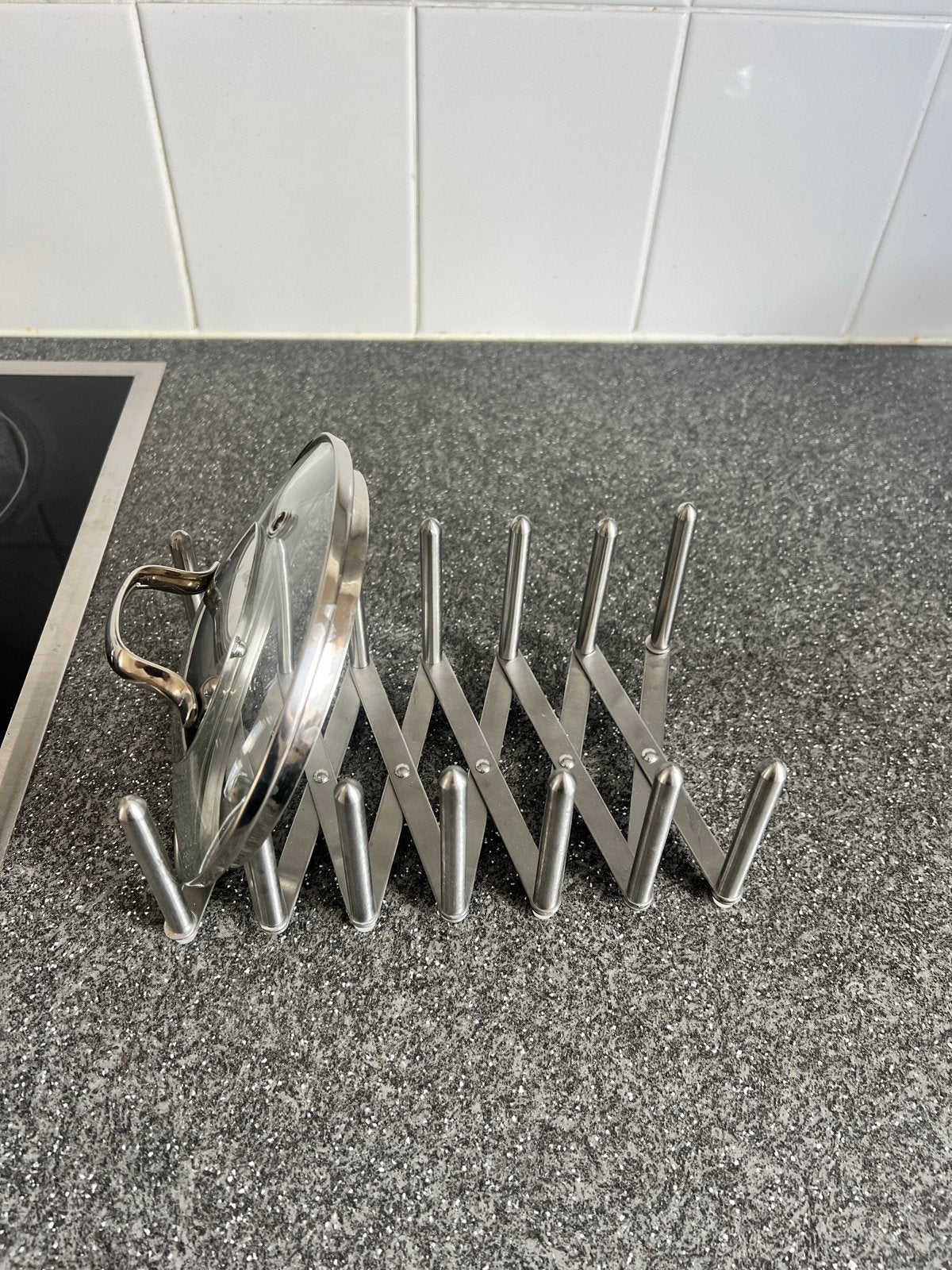 Uitschuifbaar pannenrek/dekselhouder - RVS, Ophalen, Overige typen, Zilver, Zo goed als nieuw