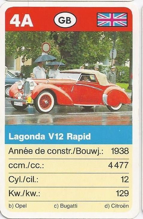 Kw4524 autokaartje 4a lagonda v12 rapid, Ophalen of Verzenden, Zo goed als nieuw, Auto's