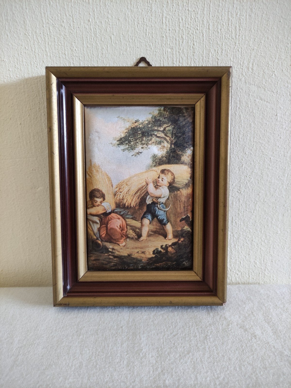 Vintage schilderijtje zeefdruk op zijde/Frankrijk/kinderen, Ophalen of Verzenden