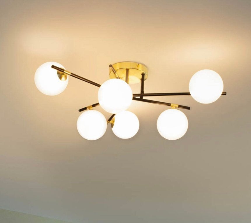 Moderne Zwart-Gouden Plafondlamp met 6 Glazen Bollen, Ophalen, Modern, Zwart, Plafondlamp