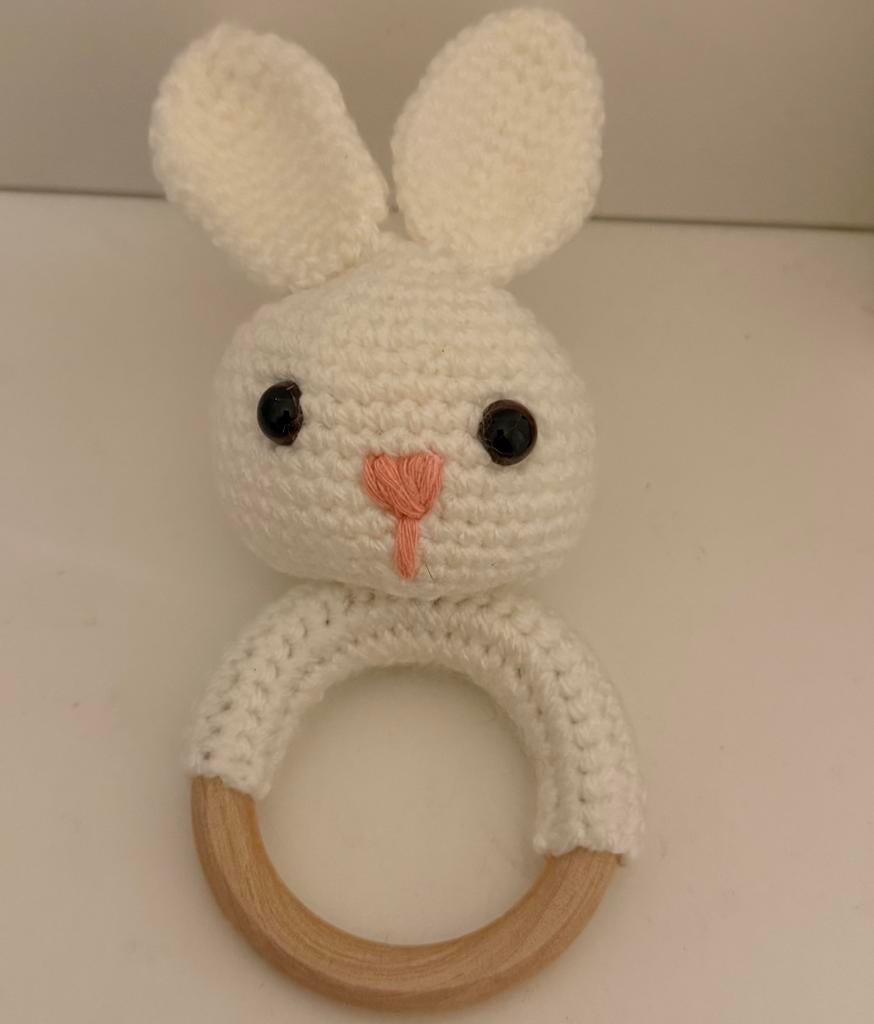 Gehaakte rammelaar met bijtring konijn bel voor babyshower, Ophalen, Nieuw, Konijn