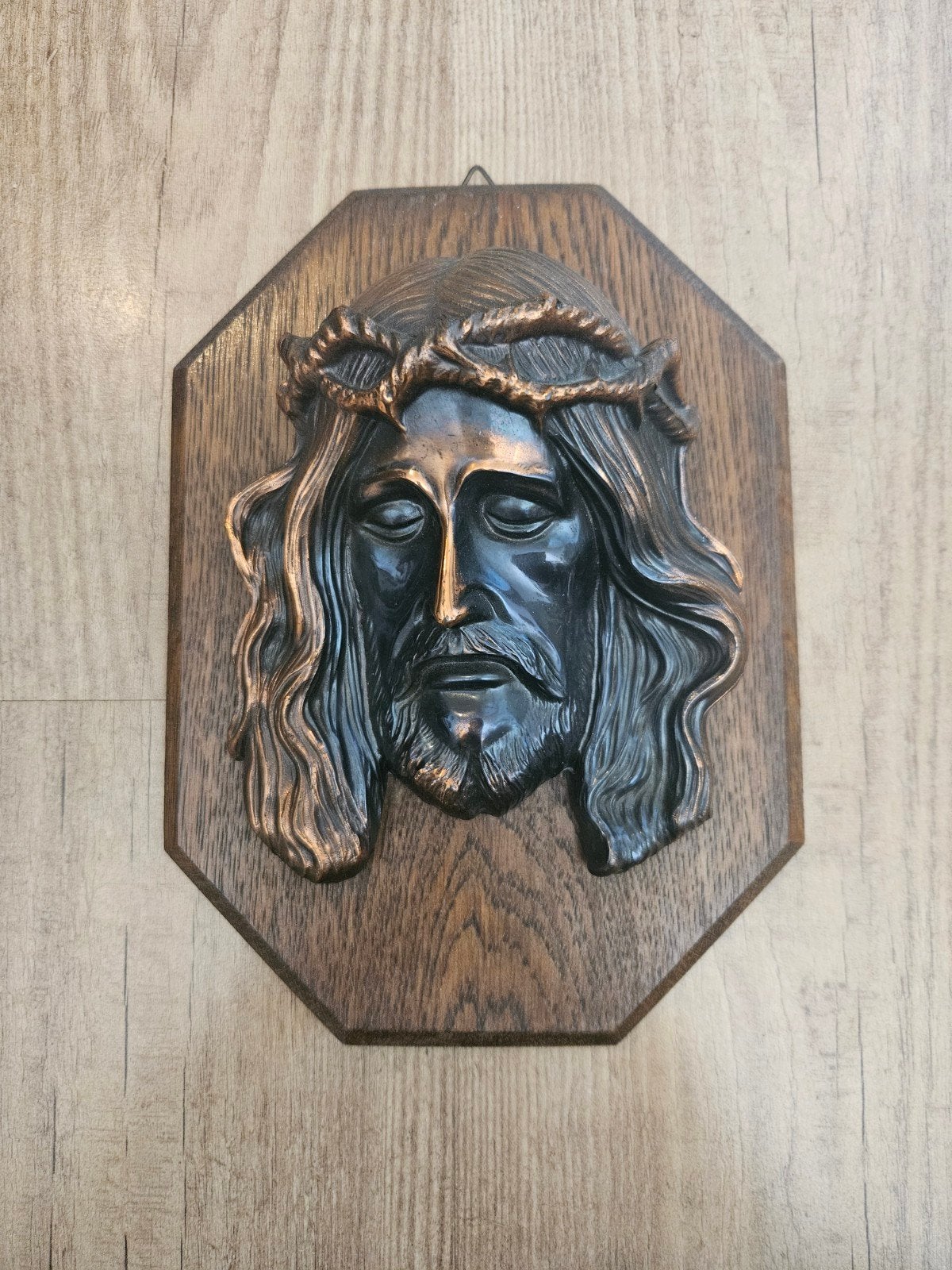 Vintage Jezus Christus Hoofd Wanddecoratie Hout en Metaal, Antiek en Kunst, Ophalen of Verzenden