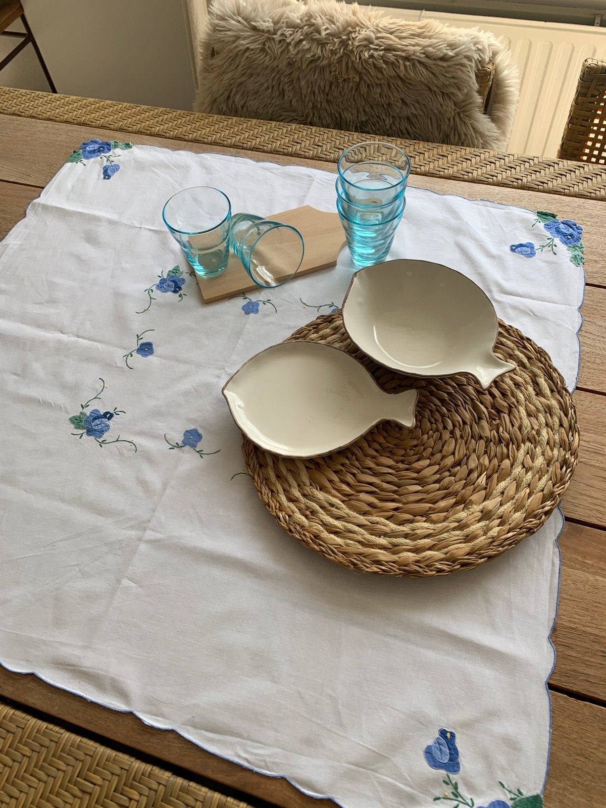 Handgemaakt vierkant  katoenen tafelkleed 80x77., Ophalen of Verzenden, Zo goed als nieuw, Katoen, Vierkant